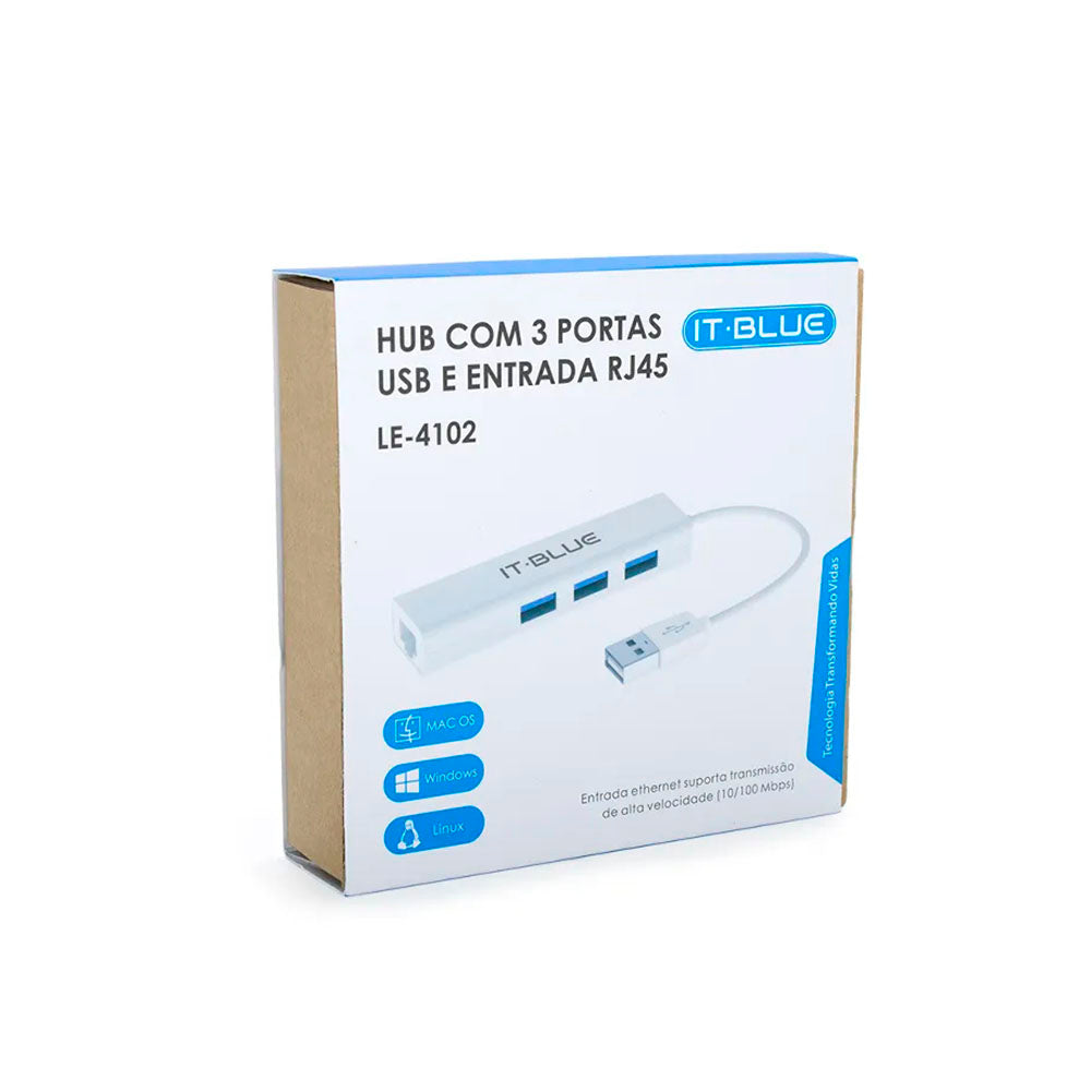 Adaptador Usb Para Rj45 10/100 (Placa De Rede Usb) + Hub Usb 3 portas It-Blue - LE-4102