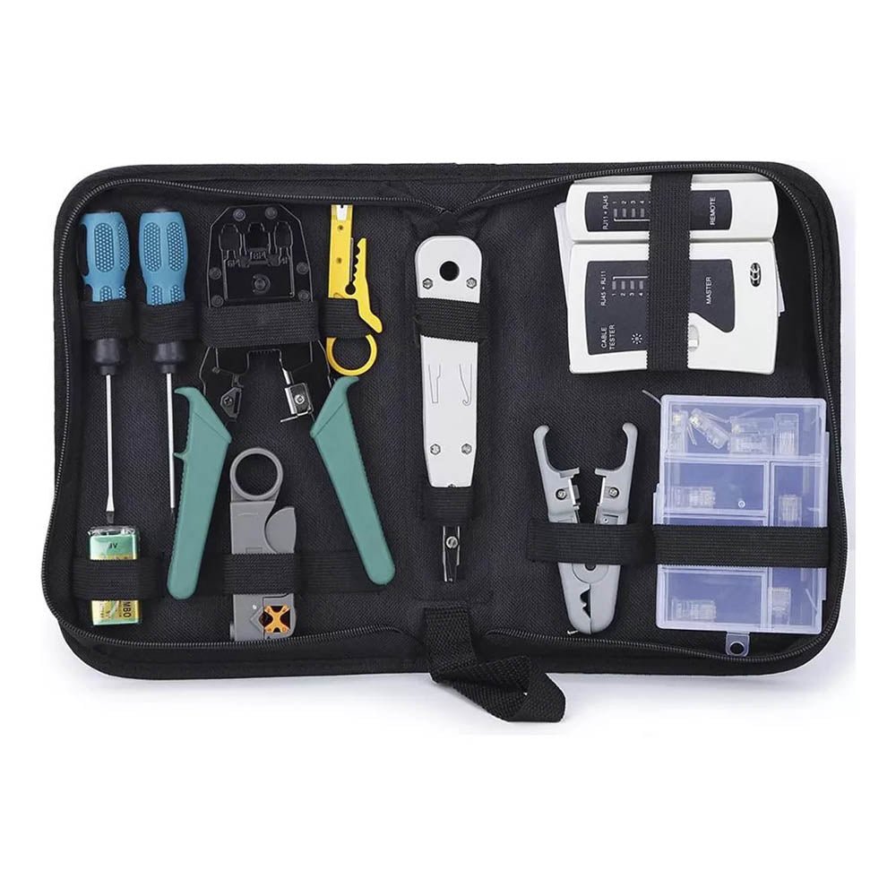 Kit De Ferramentas RJ11 RJ45 C/ Alicate Crimpagem, Decapador, Alicate Punch Down, Localizador, Chaves de Fenda e Acessór