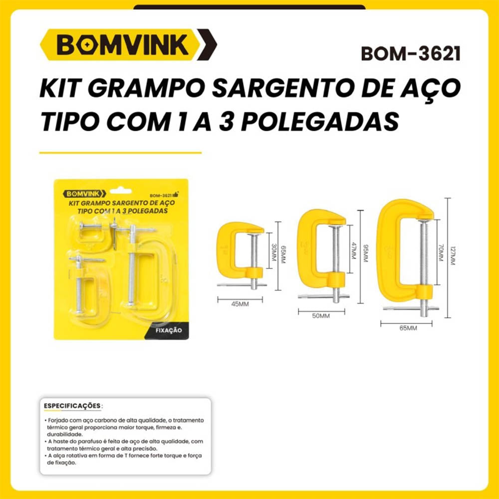 Kit Grampos Sargento de Aço 1 a 3 Polegadas BomVink - BOM-3621