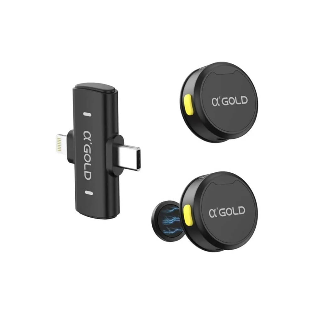 Kit C/ 2 Microfones Sem Fio Magnético Lapela Lightning USB-C aGold C/ Redução de Ruído - MCF-38D Truedata