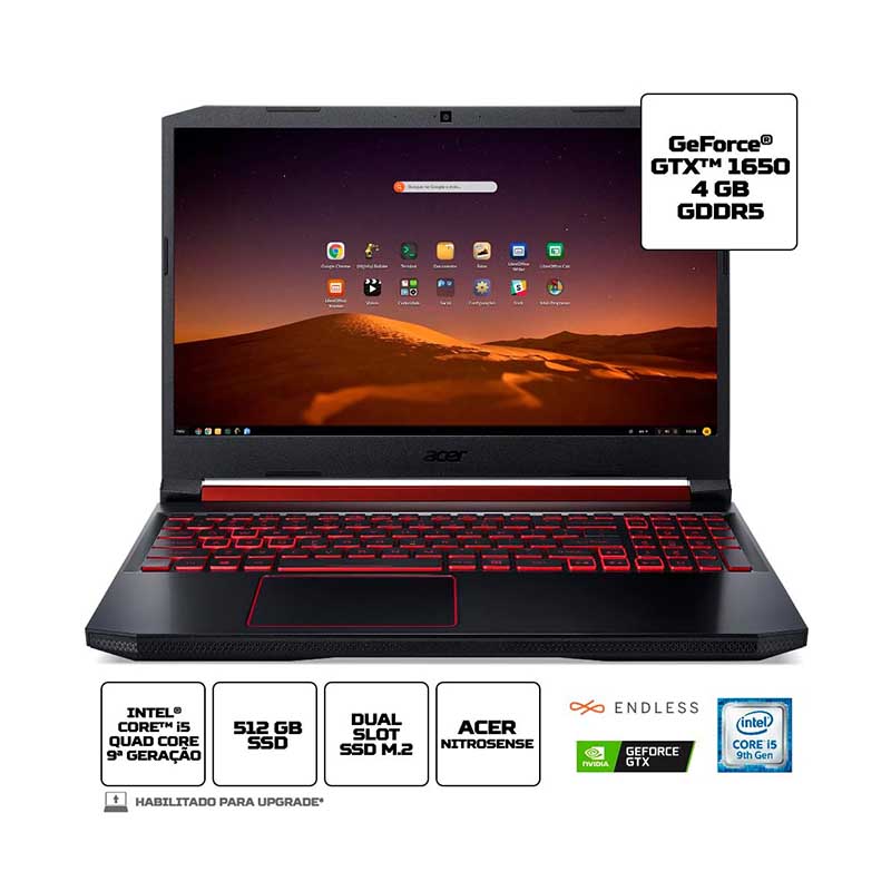 Notebook Gamer Acer Aspire Nitro 5 Intel Core I5-9300H 8gb 512Gb Ssd Nvme Gtx 1650 15.6 Pols Preto / Vermelho - AN515
