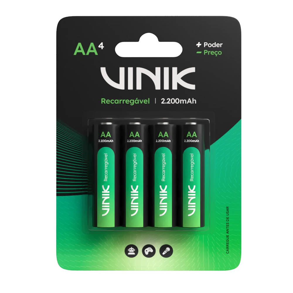 Pilha Recarregável AA 2200Mah 1.2v Vinik (Blister C/ 4 Pilhas) - VP2AB4R