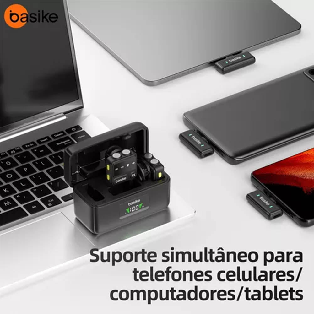 Microfone Sem Fio Wireless Lapela Tipo C Basike a Prova de Vento C/ 2 Microfones e Base de Carregamento