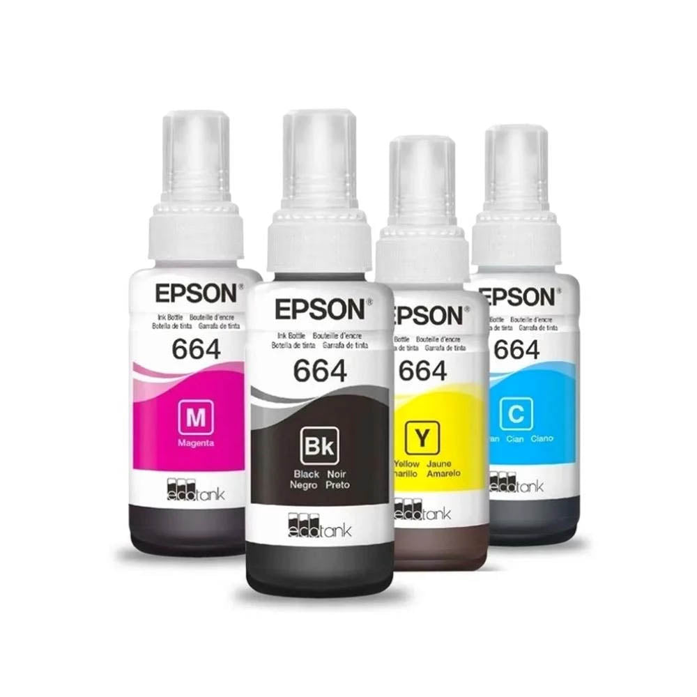 Kit de Refil De Tinta Epson T664 - Preto Ciano Amarelo e Magenta - P/ L110 L120 L200 L395 L1300