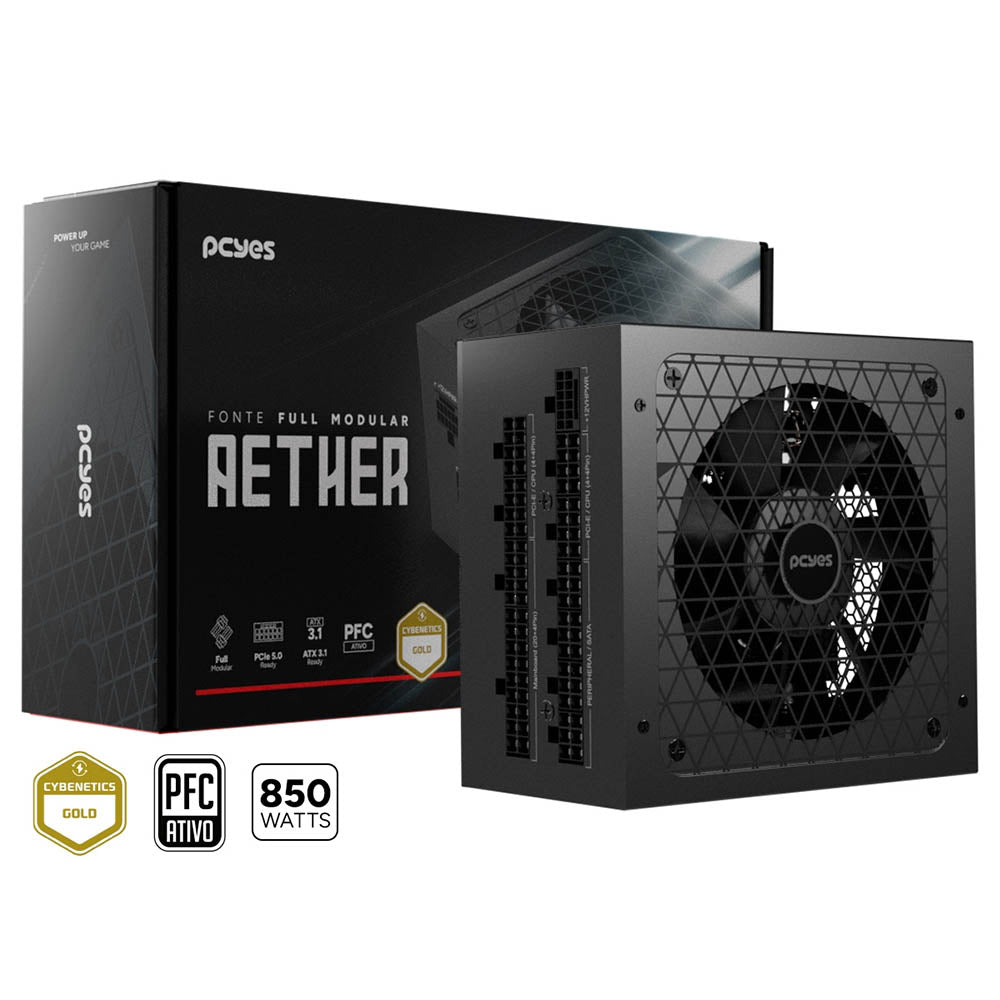 Fonte Real Atx Gamer 850W PCYes Aether Full Modular PFC Ativo Cybenetics Gold - 244627