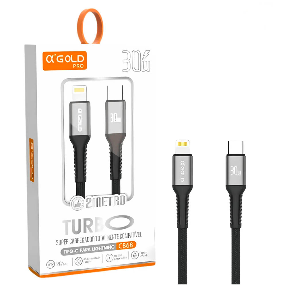 Cabo de Dados USB Tipo C p/ Lightning (Iphone) 2mts aGold 30W - CB68 Truedata