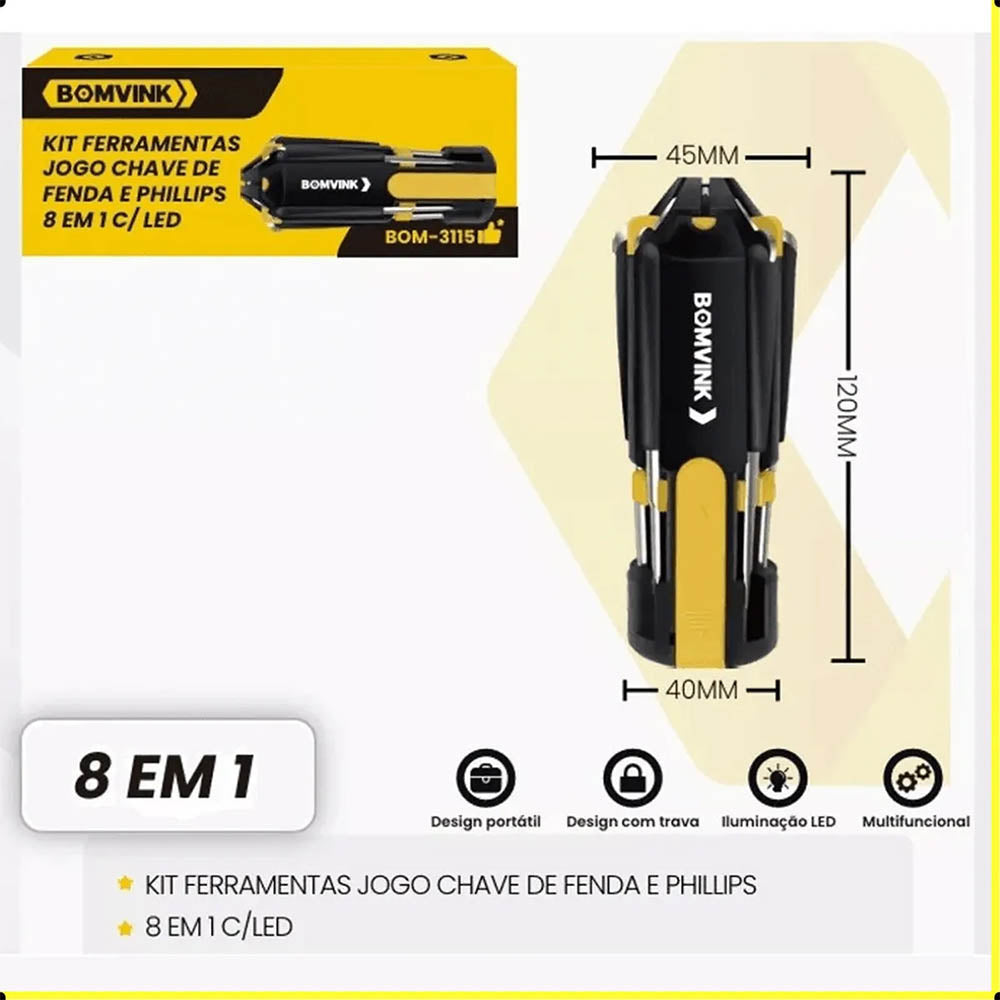 Kit de Ferramentas Portátil 8 em 1 C/ Led Bomvink - BOM-3115