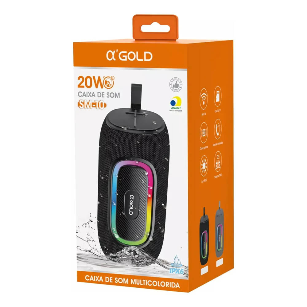 Caixa de Som Portátil Bluetooth aGold 20W IPX6 RGB - SM-10
