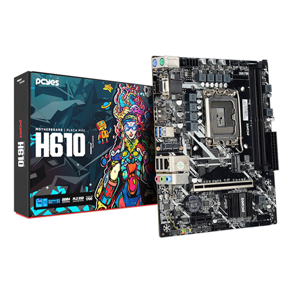 Placa Mae PcYes H610 Lga 1700 Ddr4 Hdmi Dp Vga USB 3.2 M.2 (12a e 13a Geração) - Pcyh610-14G64