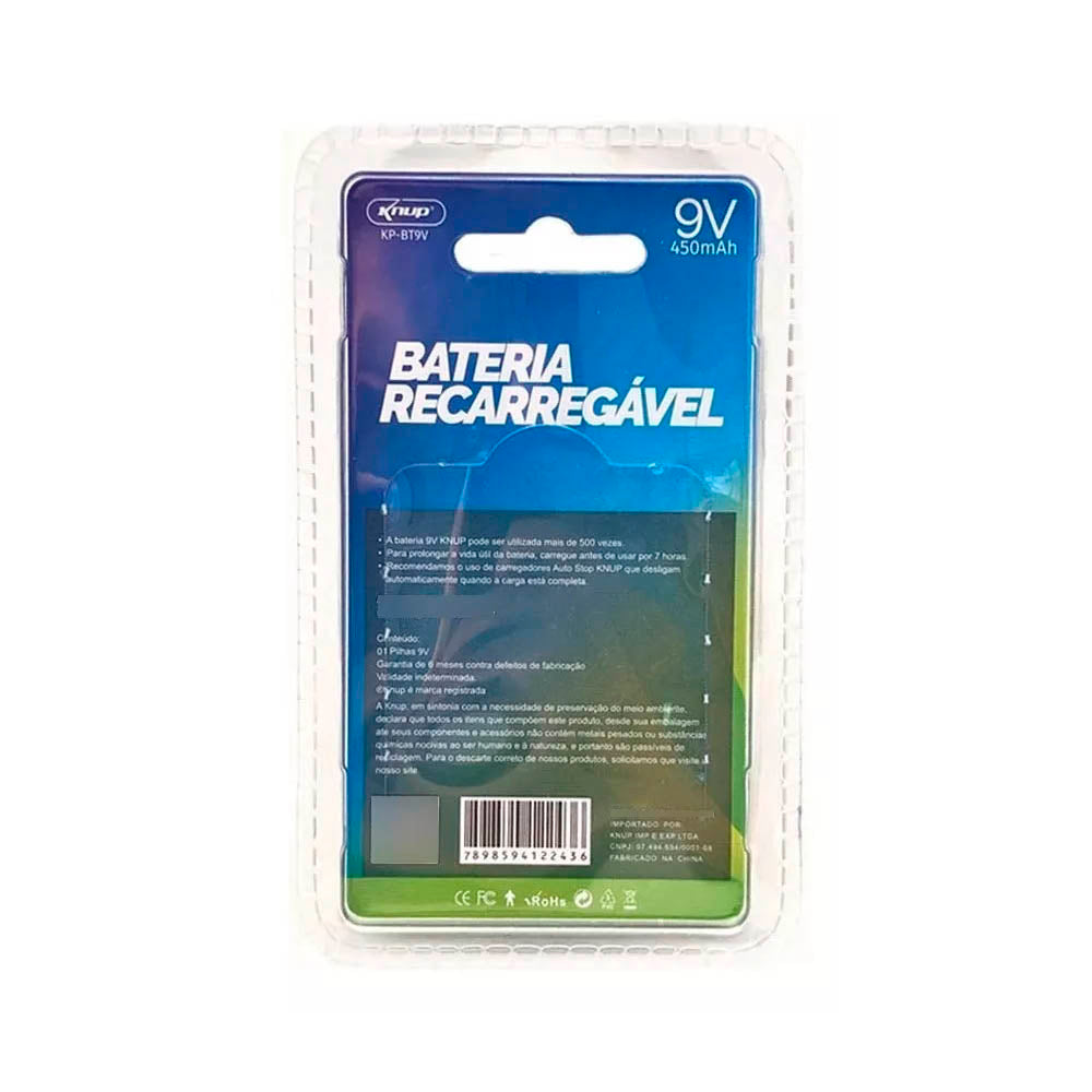 Bateria 9v 450Mah Recarregável Knup