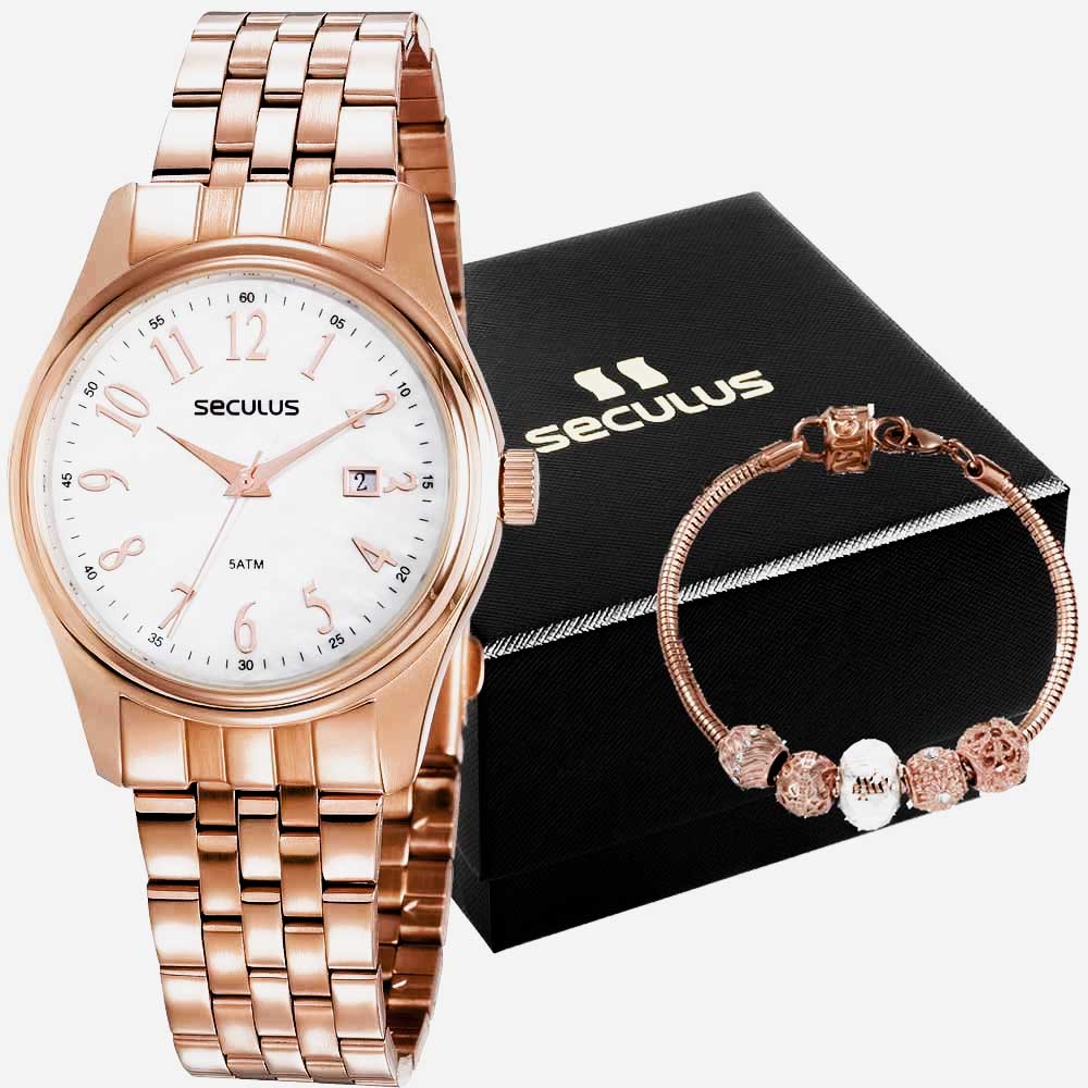 Relógio de Pulso Seculus em Aço Rosê C/ Pulseira - 77049LPSVRS1