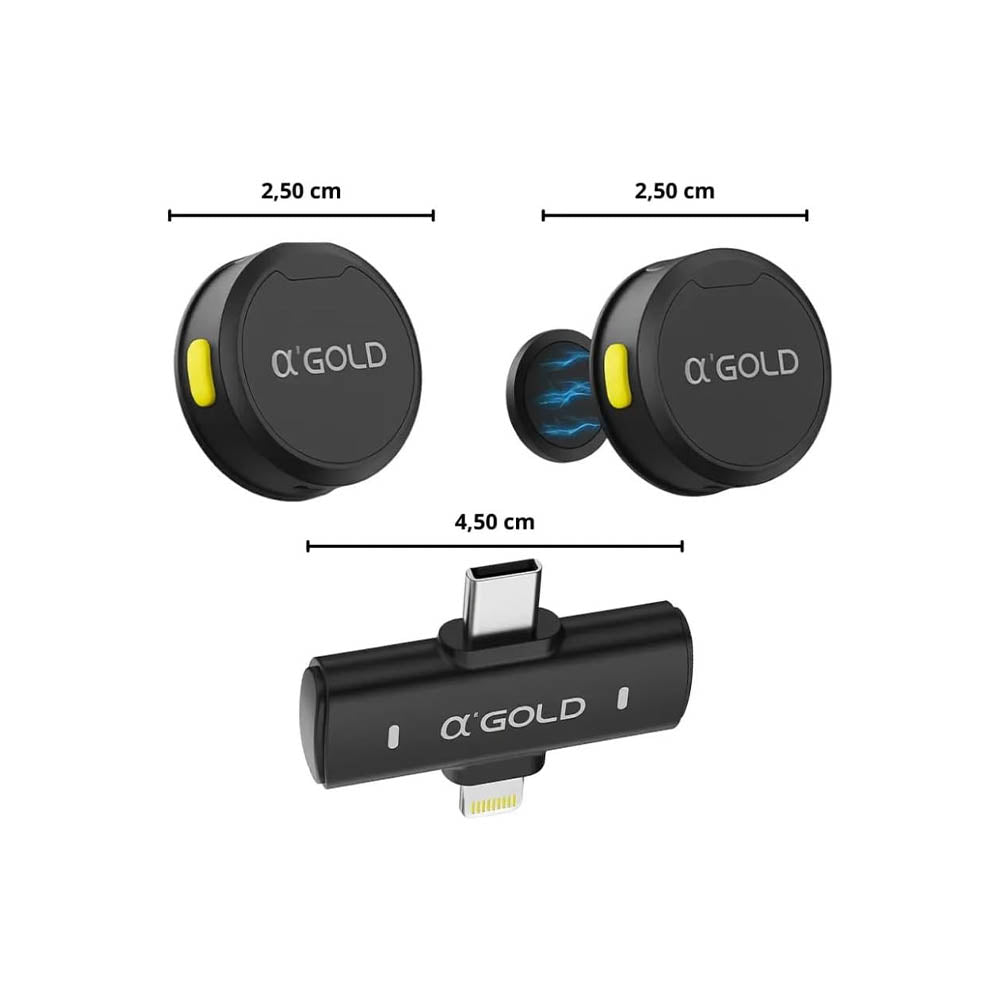 Kit C/ 2 Microfones Sem Fio Magnético Lapela Lightning USB-C aGold C/ Redução de Ruído - MCF-38D Truedata