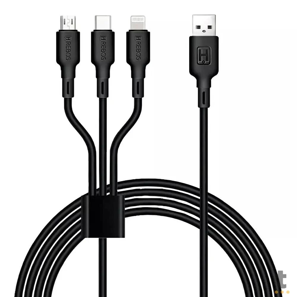 Cabo Carregador Usb Tipo C 3 em 1 Turbo Lightning Tipo C e V8 Preto Hrebos Truedata