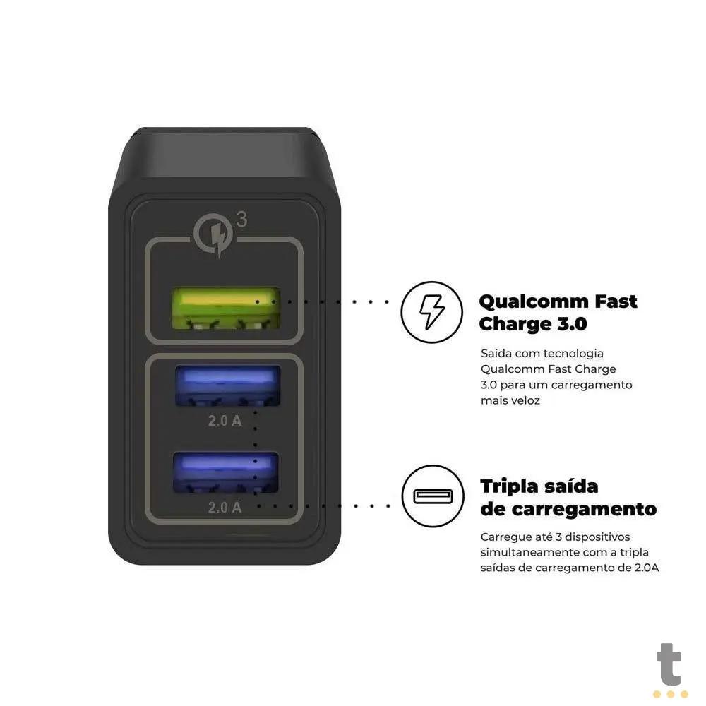 Carregador De Parede GShield Triplo USB Turbo 18W Preto S/ Cabo - NFQRZ4M4Y-IP Truedata