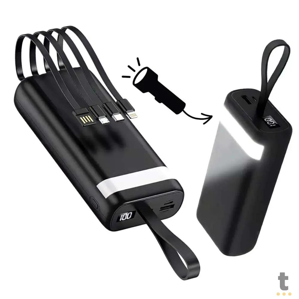 Carregador Portátil Power Bank AGold 20000Mah USB V8, Tipo C e Lighting C/ Iluminação em LED Preto - BTE-05 Truedata