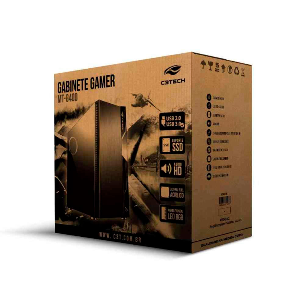 Gabinete Gamer C3Tech Mid Tower Rgb Com lateral acrílico - MT-G400BK