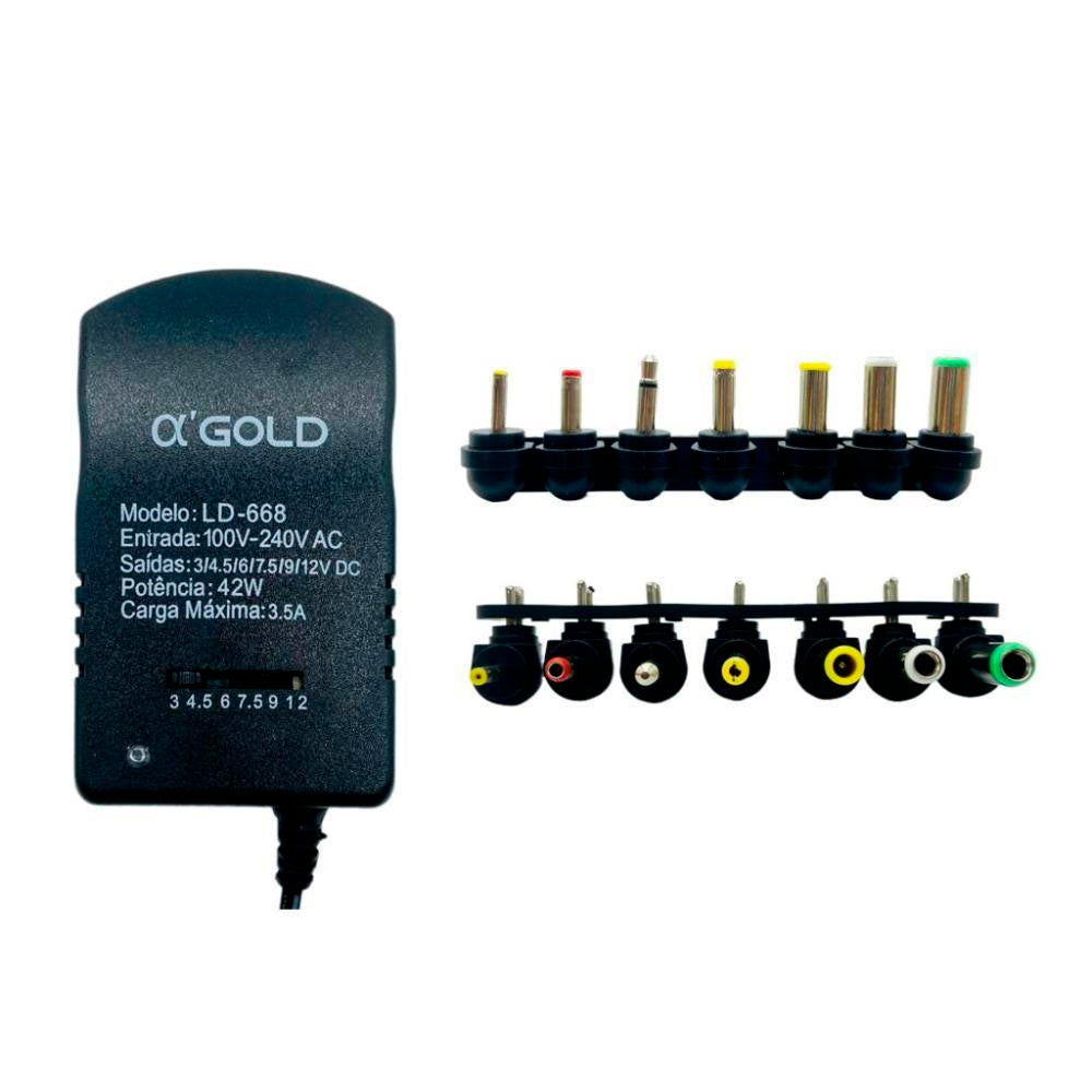Fonte de Alimentação Universal 3.5A 42W Gold C/ Ajuste de Voltagem 7 Plugues - LD-668