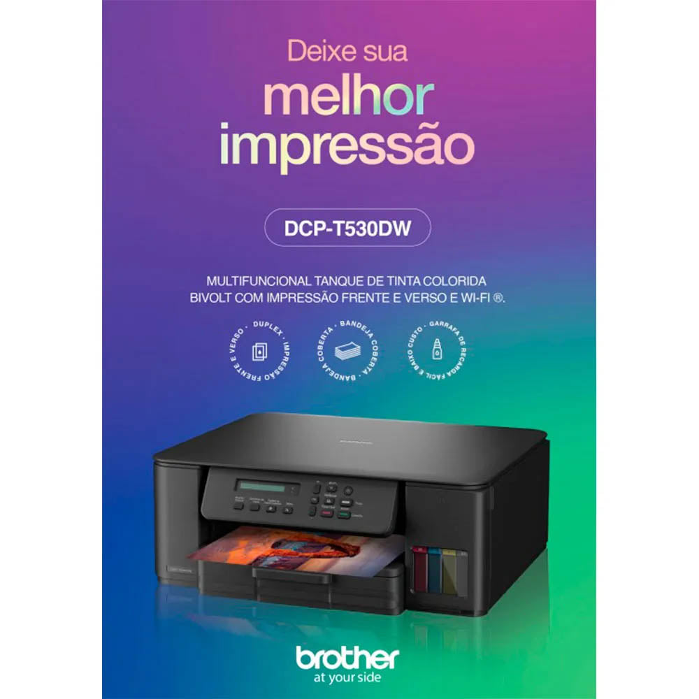 Impressora Multifuncional Tanque De Tinta Brother InkBenefit Colorida Duplex Wi-Fi Bivolt - DCP-T530DW - Refil BTD100