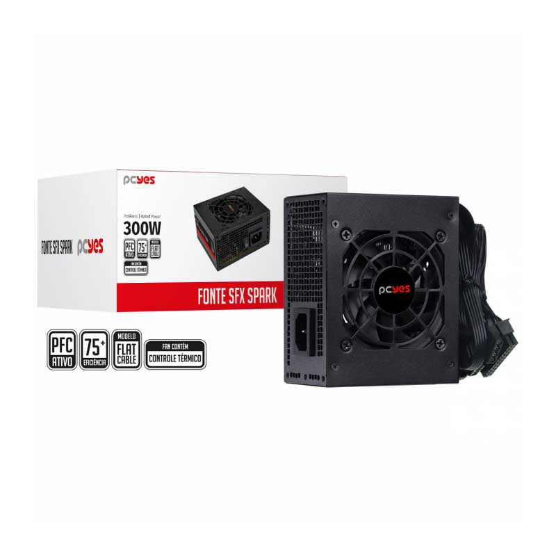Fonte Atx para Gabinete Slim 300W PCYes SFX Real Spark 75+ Pfc Ativo Cabos Flat - SPKP300MBPT Truedata