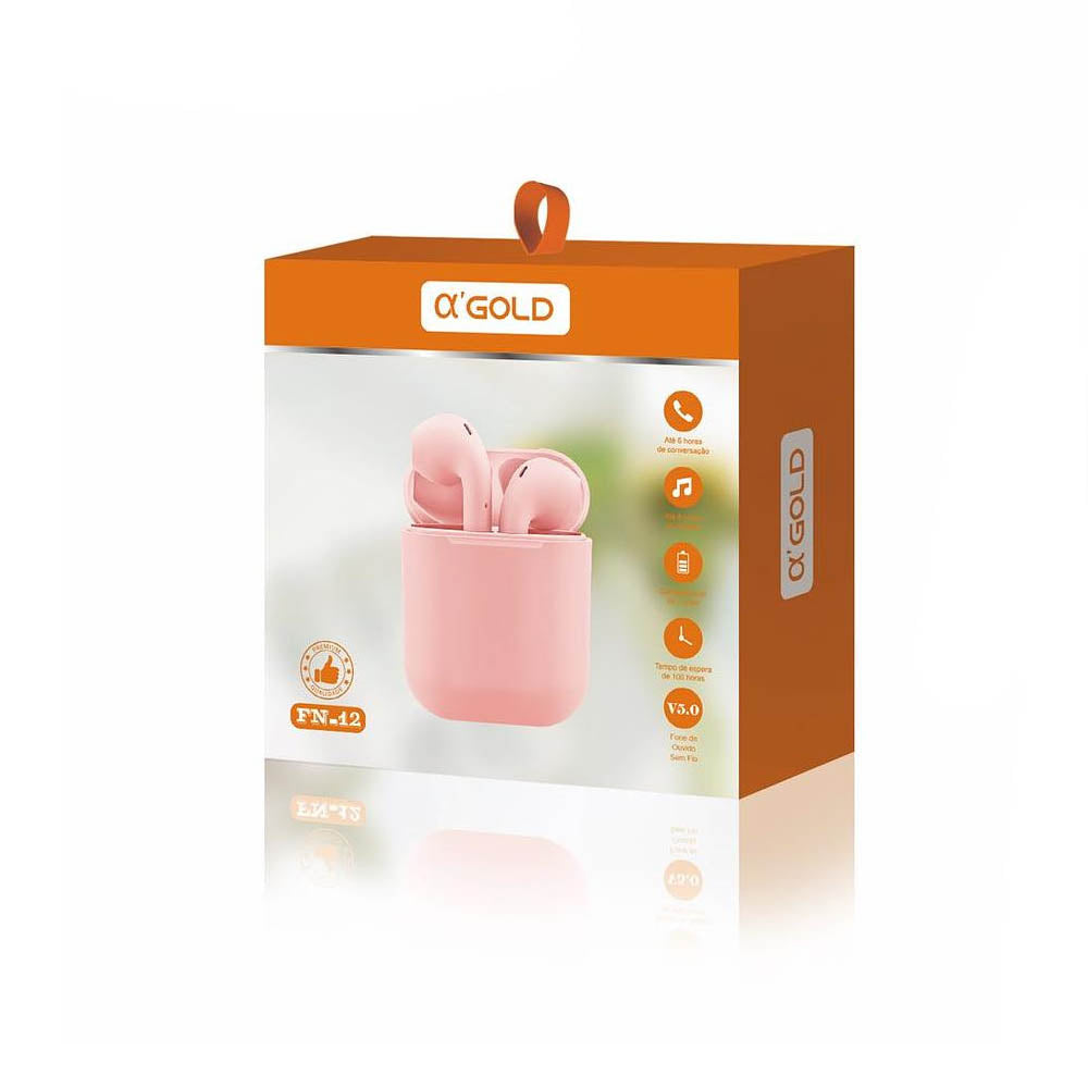 Fone De Ouvido Bluetooth C/ Estojo de Carregamento aGold BT 5.0 Rosa - FN-12
