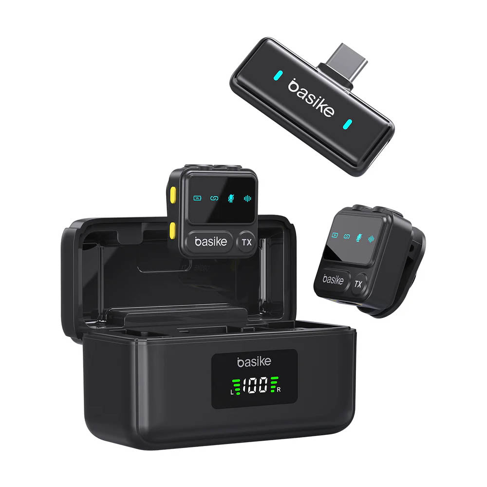 Microfone Sem Fio Wireless Lapela Tipo C Basike a Prova de Vento C/ 2 Microfones e Base de Carregamento