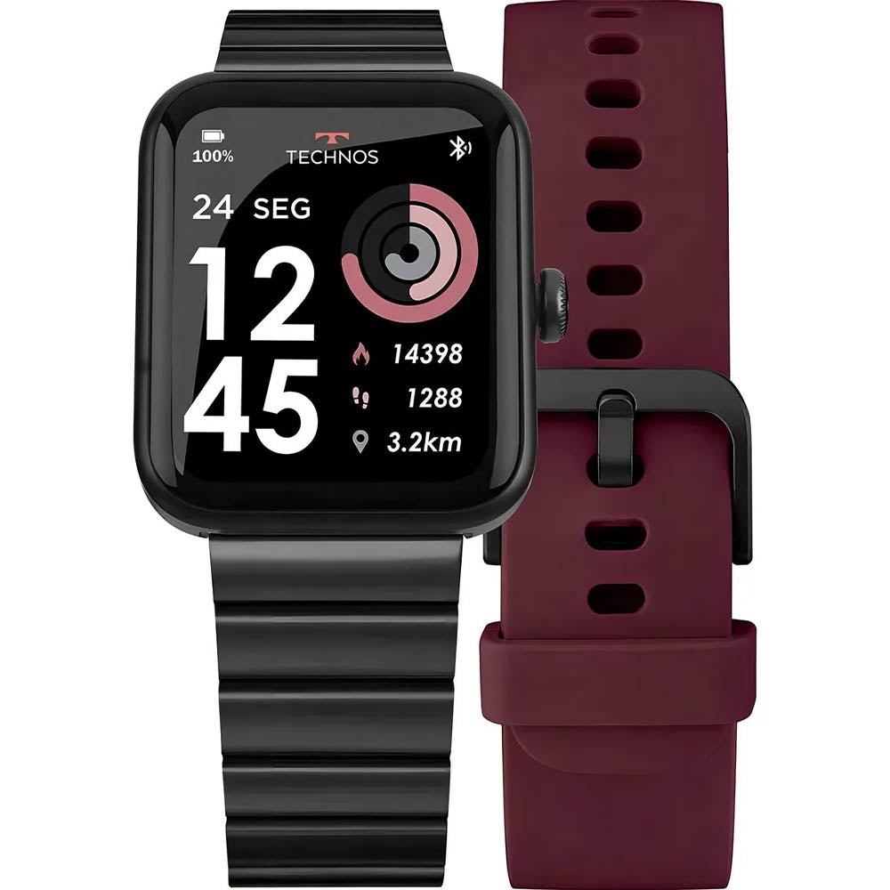 Relógio de Pulso SmartWatch Technos Connect Max C/ 2 Pulseiras Preto e Vinho - TMAXAI/7P