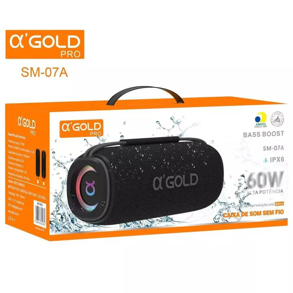 Caixa de Som Portátil Bluetooth Bass Boost aGold 60W IPX6 Duração Até 6hrs - SM-07A