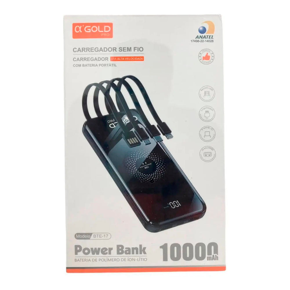 Carregador Portátil Wireless 10000mAh Gold Power Bank Tipo C / Micro Usb / Lightning Iphone 3.1A - BTE-17