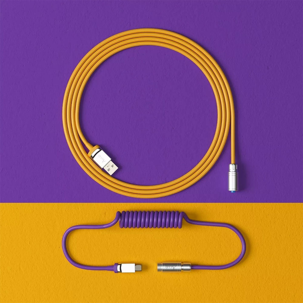 Cabo Enrolado Aviator Para Teclado Usb-A x Usb-C Akko V2 Los Angeles Amarelo e Roxo