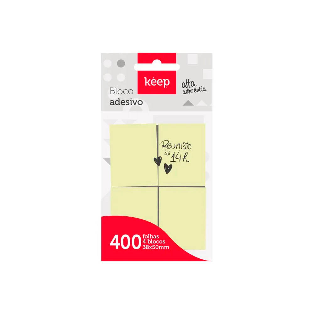 Bloco Adesivo 38x50mm Amarelo c/ 400 Folhas (4 Blocos) Keep - EI013