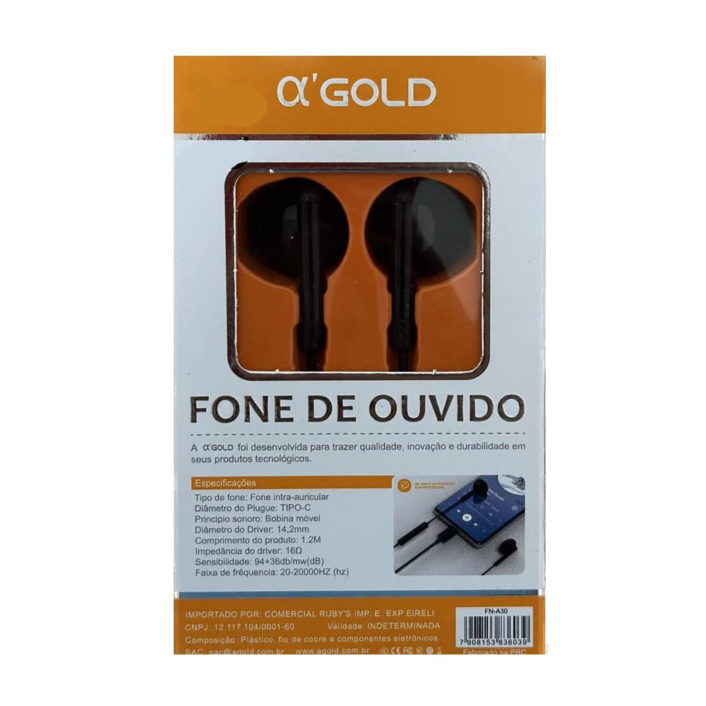 Fone De Ouvido USB Tipo C com Microfone aGold Premium Preto - FN-A30