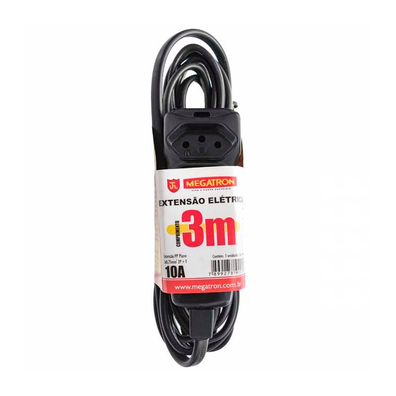 Extensão Elétrica Megatron 3 Tomadas pp 0,75mm 10A Preta 3mt - 29889 - Truedata