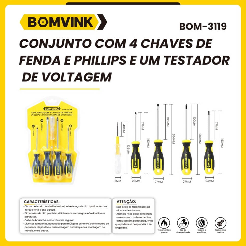 Jogo de Chaves de Fenda e Phillips Bomvink 4 Peças + Testador de Voltagem - BOM-3119