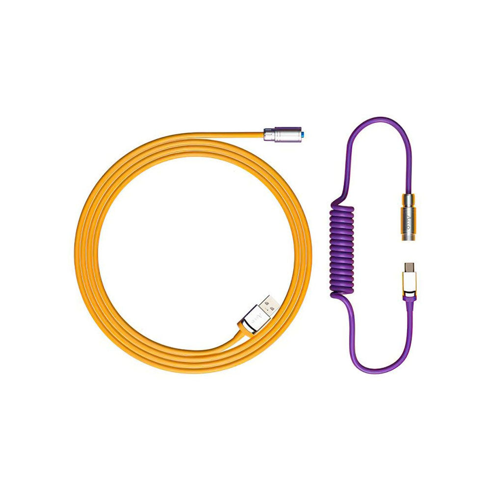 Cabo Enrolado Aviator Para Teclado Usb-A x Usb-C Akko V2 Los Angeles Amarelo e Roxo