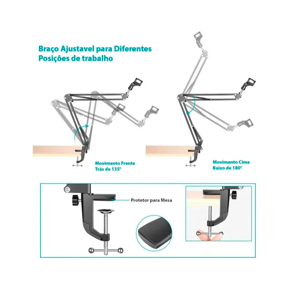 Suporte de Mesa Articulado para Microfone, Smartphone e Tablets Tomate - MTG-126