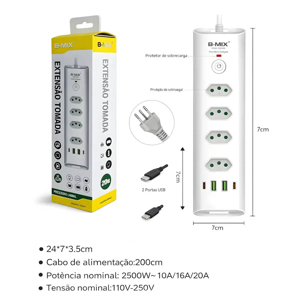 Filtro de Linha 4 Tomadas 10/20A , 2 Usb, 2 Usb Tipo C 2mts  Branco