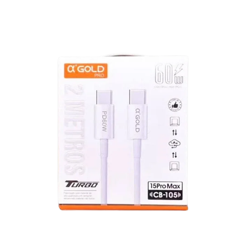 Cabo de Dados aGold Usb Tipo C Macho 60W 2 Metros 15 Pro Max - CB-105