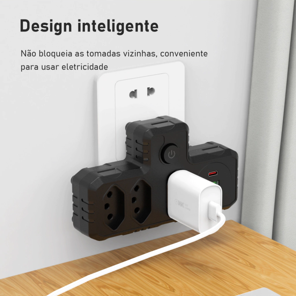 Extensor C/ 3 Tomadas de Energia + 2 Usb 2.1A + 1 Usb-C PD 10A Coibeu C/ Interruptor