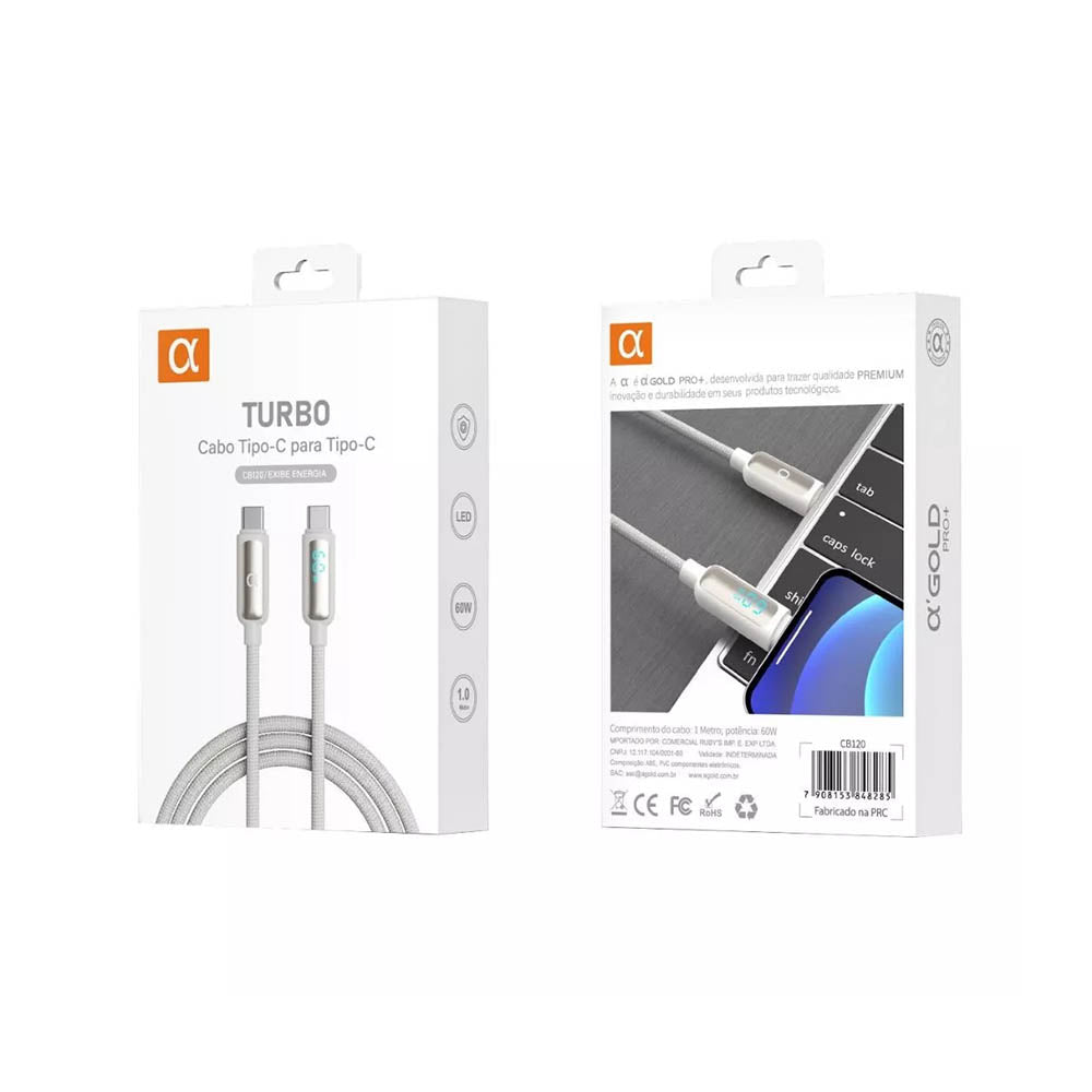 Cabo de Dados Tipo C P/ Tipo C - Visor LED 60w 1M  aGold - Cb120