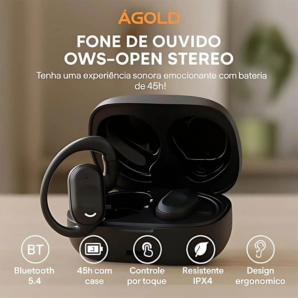 Fone De Ouvido Bluetooth aGold C/ Estojo Carregador OWS Open Stereo - FN-BA8