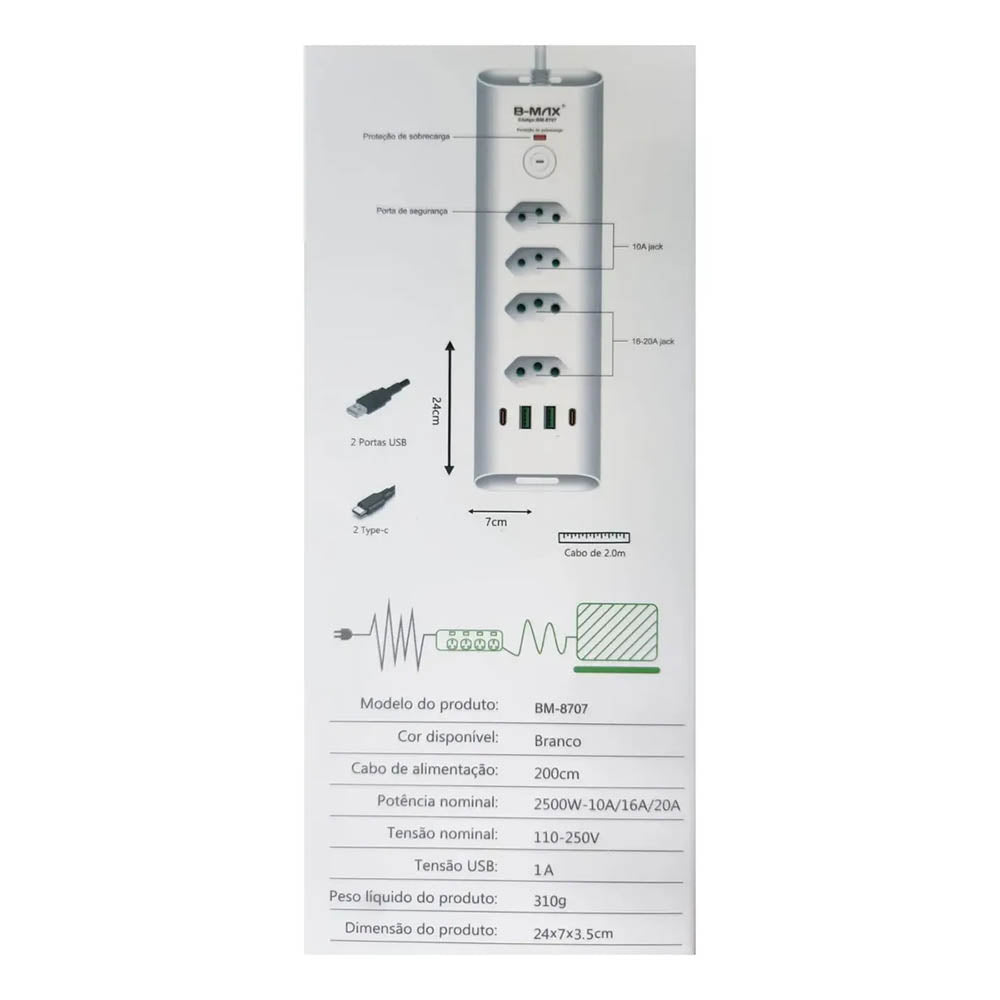 Filtro de Linha 4 Tomadas 10/20A , 2 Usb, 2 Usb Tipo C 2mts  Branco
