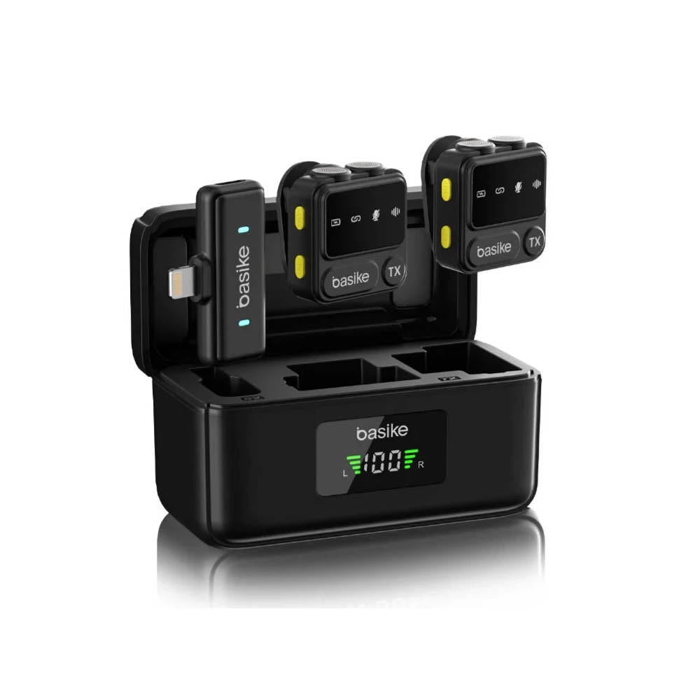 Microfone Sem Fio Wireless Lapela Tipo C Basike a Prova de Vento C/ 2 Microfones e Base de Carregamento