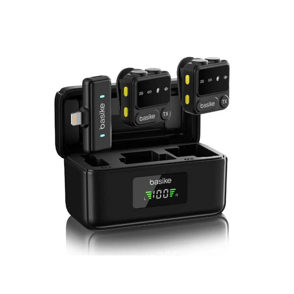 Microfone Sem Fio Wireless Lapela Tipo C Basike a Prova de Vento C/ 2 Microfones e Base de Carregamento