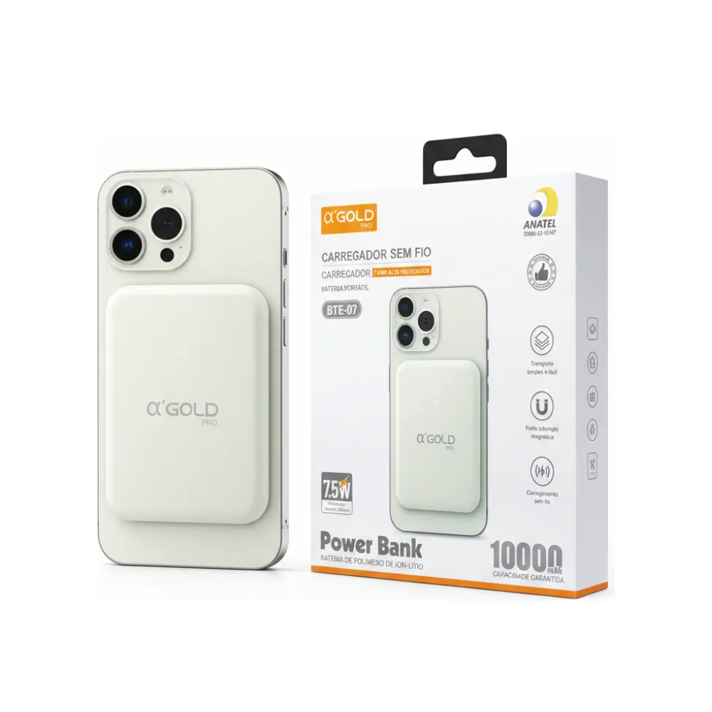 Carregador Portátil Sem Fio 10000mAh aGold Power Bank Wireless USB Tipo C 7.5W  - BTE-07B