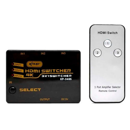 Switch Hdmi 3 Portas Knup Ultra HD 4K - KP-3465 - Conecta Até 3 Aparelhos Em 1 Monitor Truedata