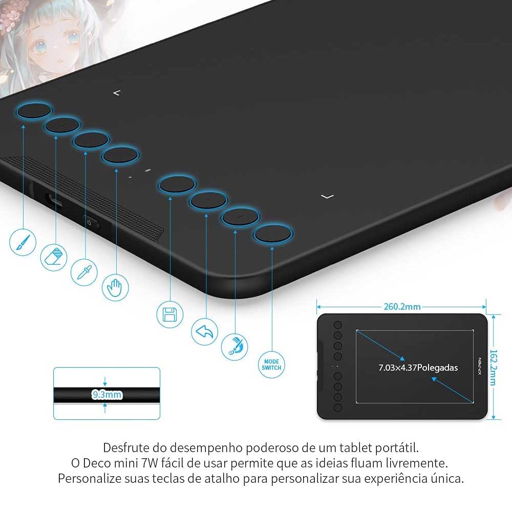 Mesa Digitalizadora XP-Pen Deco Mini7W 5080LPI Sem Fio Bluetooth