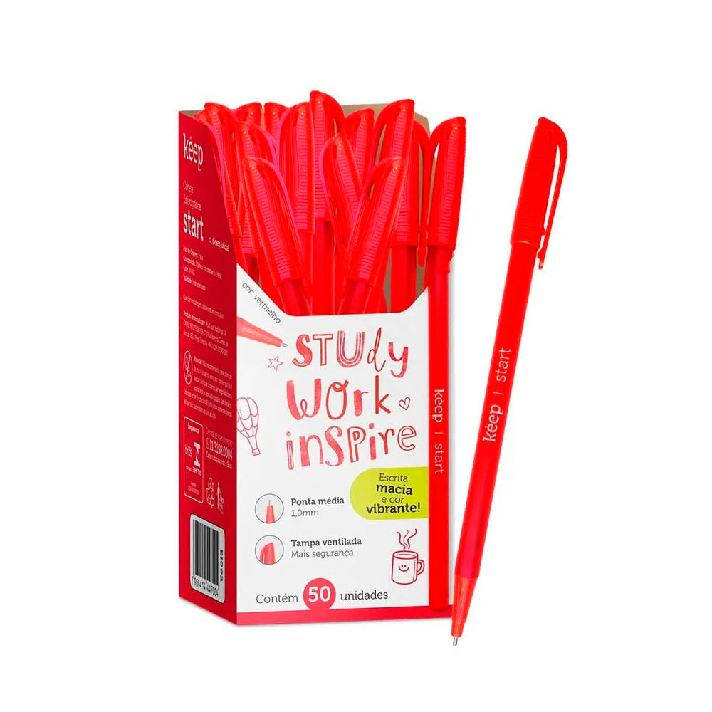 Caneta Esferográfica Ponta Média 1,0mm c/ 50 Unidades Vermelho Keep - EI092