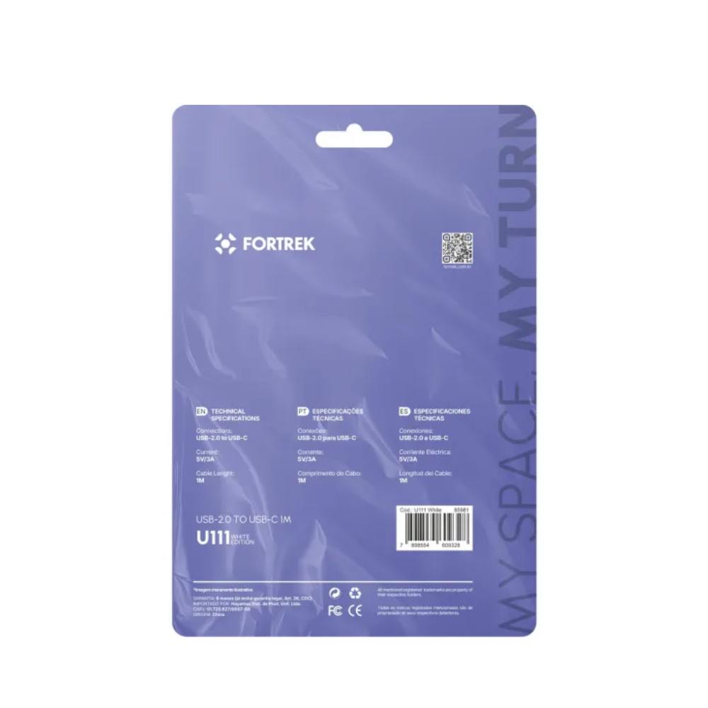 Cabo de Dados USB-A Para USB-C Fortrek U111 1mt Nylon Trançado Branco - 85981