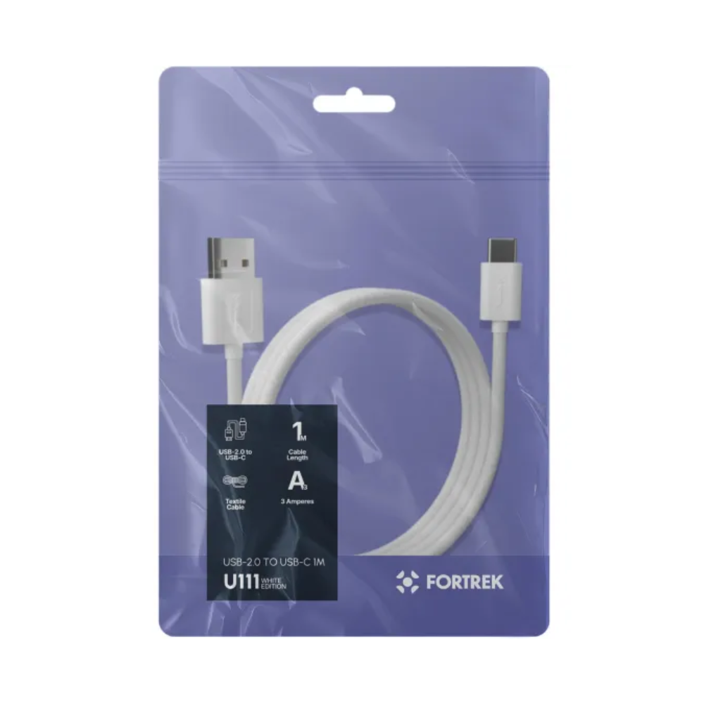Cabo de Dados USB-A Para USB-C Fortrek U111 1mt Nylon Trançado Branco - 85981