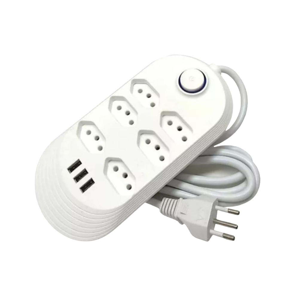 Filtro De Linha Extensão Elétrica 6 Tomadas + 3 Entradas USB Bivolt Branco 2m - WI300